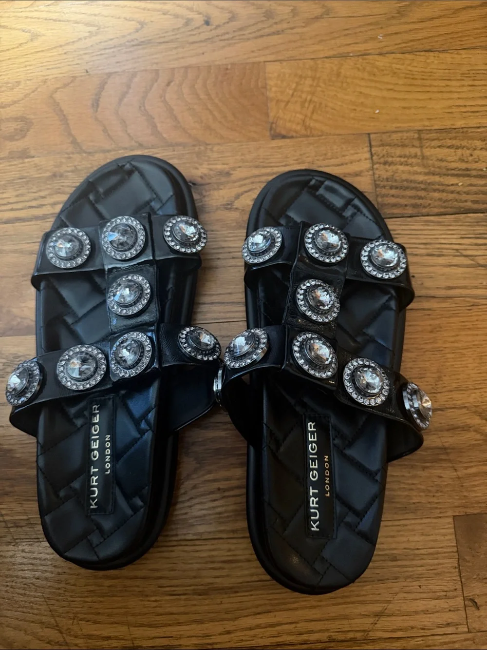 Kurt Geiger Black Quilted Slide Sandals with Crystal Accents - Picture 1 of 4